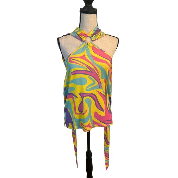 NWOT Vintage Look Mod Abstract Print Women's Halter Top Back Ties Size Large - Picture 1 of 5